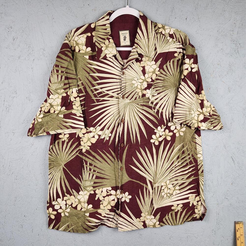 Jamaica Jaxx Shirt Mens Large Red Silk Hawaiian Aloha Floral Camp Loop Collar